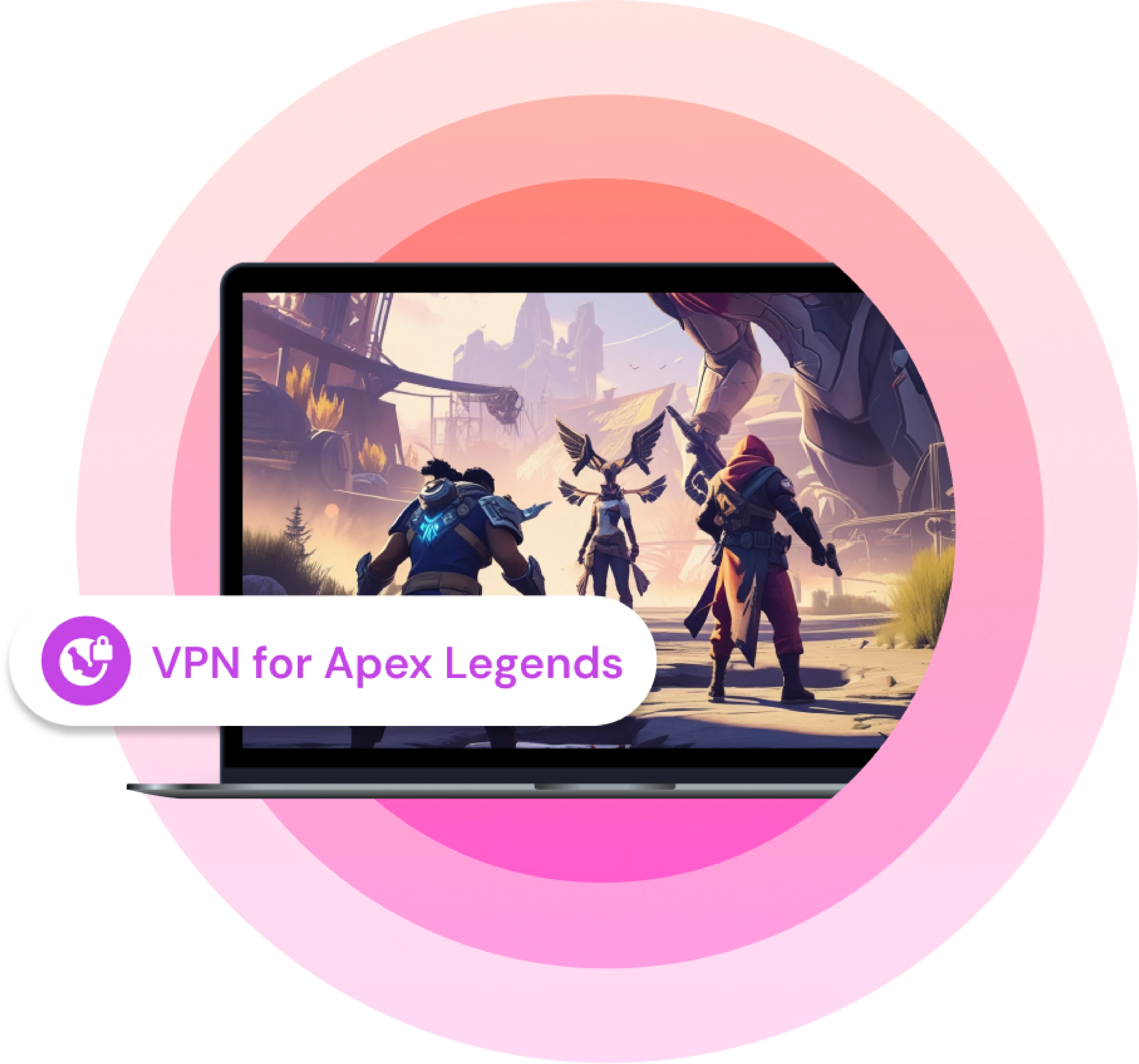 Gaming VPN for Apex Legends shown on a laptop screen, with secure VPN icon and gradient background